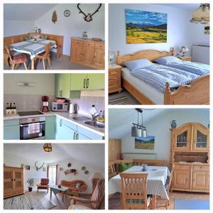 een collage van foto's van een keuken en een slaapkamer bij Bauernhaus Jocher in Krün
