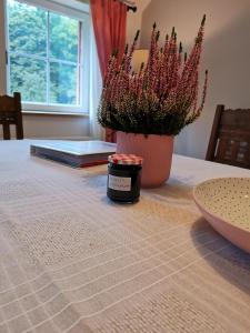 a table with a jar of jam and a potted plant at Ferienbauernhof Ennenhof in Schneverdingen