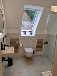 a bathroom with a toilet and a skylight at Ferienbauernhof Ennenhof in Schneverdingen