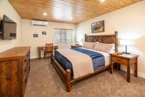 Dormitorio con cama, escritorio y TV en Tahquitz Pines Retreat, en Idyllwild