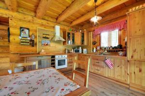a kitchen with wooden cabinets and a table in a cabin at Srub Losiny in Velké Losiny