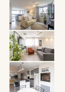 ピサーハスにあるEspaço amplo e confortável 3 Quartos, Churrasqueira, Cozinha completa, 180m da Praia, Wi-Fi, duas vagas de garagemのリビングルームとキッチン、リビングルームの写真2枚