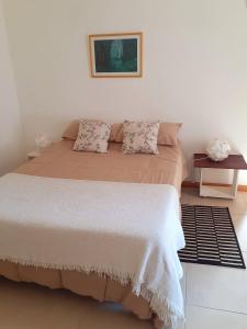 a bedroom with a large bed with a white wall at La casa de arriba in El Bolsón