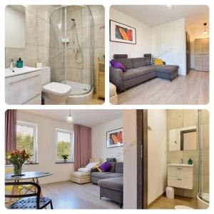 a collage of three pictures of a bathroom and a living room at Lawendowa Przystań in Wielen Zaobrzanski +103 photos