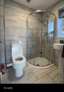 W łazience znajduje się toaleta, prysznic i umywalka. w obiekcie Green 3 bed bungalow with en-suite and parking w mieście Felton