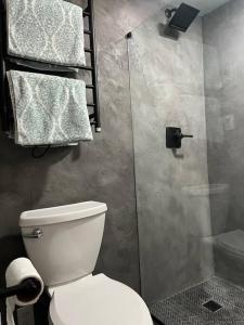 a bathroom with a toilet and a shower with towels at Unique Style Apartment in Asbury Park