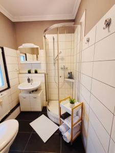 y baño con ducha, aseo y lavamanos. en City Apartment Paderborn Apartment 6, en Paderborn