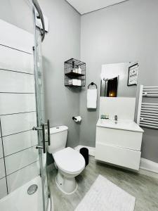 uma casa de banho com um WC, um lavatório e um chuveiro em Kos apartament 1 em Walton on the Hill