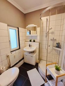 y baño con ducha, aseo y lavamanos. en City Apartment Paderborn Apartment 6, en Paderborn