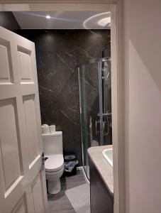 W łazience znajduje się prysznic, toaleta i umywalka. w obiekcie Luxury 3 bedroom house -Private parking, sleeps 6, & featuring en-suite master bedroom w Birmingham