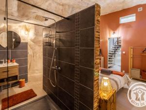 a bathroom with a shower with a glass door at Gîte troglodyte unique avec jacuzzi, billard et jardin, près de Doué La Fontaine et Saumur - FR-1-622-69 in Les Ulmes +28 photos