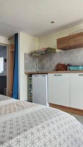 cocina con cama en una habitación en Charmant Studio Cosy en Plaisance-du-Touch