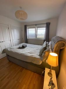 a bedroom with a bed with a lamp and a window at Beautiful 1 -Bed Apartment in Ferry Village/Renfrew in Renfrew