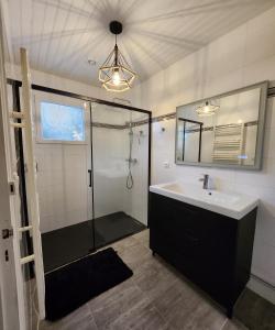 un baño con lavabo y ducha en LA VILLA MONTA, en Vendays-Montalivet 17 fotos más
