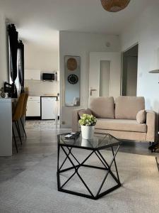 sala de estar con sofá y mesa en Charmant T1, parking privé, proche gare, en Moulins