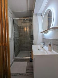 uma casa de banho com um chuveiro e um lavatório. em La Villa Voie Verte em Riorges