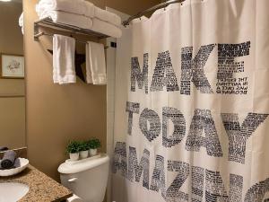 a bathroom with a shower curtain in a bathroom at Blue Mountain 2 Story Studio Loft in Blue Mountains