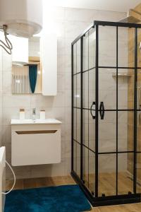 a bathroom with a glass shower and a sink at Villa Zagorka and mountain houses A, M, D in Kopaonik