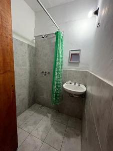a bathroom with a sink and a green shower curtain at La Pintada Economy Class in Villa Dolores