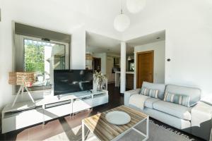 ein Wohnzimmer mit einem Sofa und einem TV in der Unterkunft helloasturias, Casa en Llanes con piscina, jardín, cerca de la playa. in Llanes