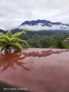 a view of a mountain with a reflection in the water at Highland Homestay Kundasang in Ranau