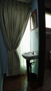 a bathroom with a sink and a shower curtain at Highland Homestay Kundasang in Ranau