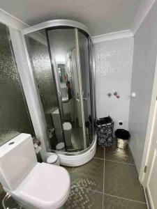 a bathroom with a white toilet and a shower at Ferah ve şık cosy daire in Konak