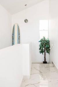 a surfboard in a white room with a potted plant at Paradise Coast PR - Vista Mar in Isabela