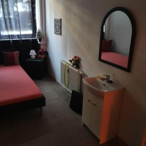 a bathroom with a sink and a mirror and a bed at Halle, TOP -PREISE, große 79 qm SD FeWo, EG, wahlweise mit 1- 3 DZ, inklusiv TV Lounge, Küche, Bad WC Einfach und gut, Langzeitmieter VB Preise in Halle an der Saale