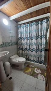 a bathroom with a toilet and a shower curtain at Hermoso Apartamento tipo Loft en Lecheria Anzoátegui in El Morro de Barcelona