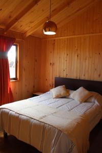 1 dormitorio con 1 cama en una habitación de madera en Acun Lihuen, en Cobquecura