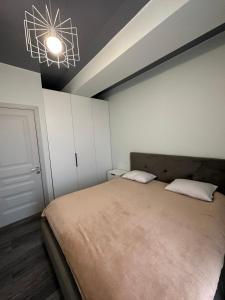 a bedroom with a large bed and a chandelier at Jikia Residence in Tbilisi City