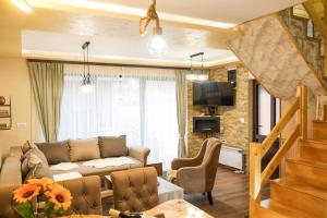 ein Wohnzimmer mit einem Sofa und einem TV in der Unterkunft Villa Zagorka and mountain houses A, M, D in Kopaonik