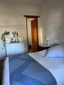 a bedroom with a large bed with a blue blanket at Two roomed private suite in front of cottage in Grange +6 photos