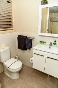 a white bathroom with a toilet and a sink at Hills of Gold Motel at Nundle in Nundle