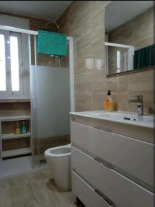 e bagno con servizi igienici, lavandino e doccia. di Casa en Jerez con patio cerca de la playa y de la sierra a Jerez de la Frontera