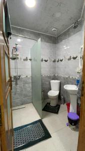e bagno con doccia, servizi igienici e lavandino. di Luxe Studio Sea View a Orano