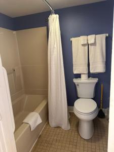 a bathroom with a white toilet and a bath tub at Justin Trails Resort in Sparta