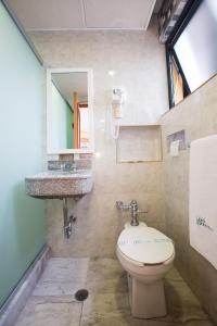 a bathroom with a toilet and a sink and a mirror at Hotel Diligencias in Mexico City