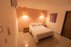 1 dormitorio con 1 cama y 2 almohadas en Rocco Hotel Bed & Breakfast, en Cartagena de Indias