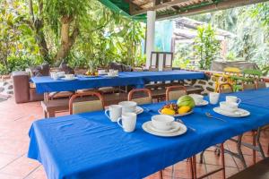 a group of blue tables with bowls of fruit on them at River Front Casa Antahkarana Nogalito Hotel Room 6 in Puerto Vallarta