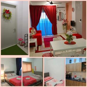 eine Collage mit vier Bildern eines Wohnzimmers in der Unterkunft ER Homestay for Family Transit Nearby KLIA in Sepang