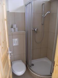a small bathroom with a shower and a toilet at Pensionszimmer Unicat in Potsdam
