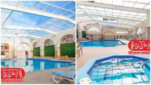 two pictures of a swimming pool in a building at Puerto Nuevo Baja Hotel & Villas in Rosarito