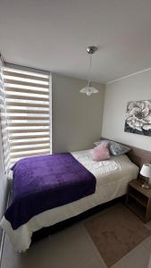 1 dormitorio con cama morada y ventana en Departamento Playa Las Cruces LagunaMar 3D2B con KYAK en Las Cruces