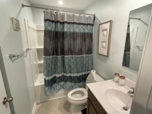 a bathroom with a shower and a toilet and a sink at Modern Wi-Fi, Pet friendly home for Families in Greenville
