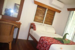 a small room with a bed and a mirror at Mana Backpackers and Dive Resort in Mana Island