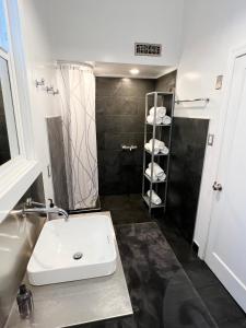 a bathroom with a sink and a shower at Great bay views in Russian Hill district in San Francisco