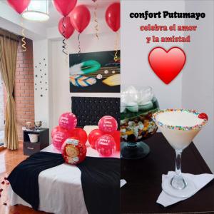 eine Collage mit Fotos eines Zimmers mit einem Bett und Ballons in der Unterkunft Confort Putumayo in Mocoa