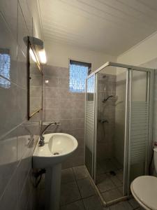 uma casa de banho com um lavatório e um chuveiro em O Logis citron du Morne Jacob, Le Morne-Rouge Martinique em Le Morne Rouge